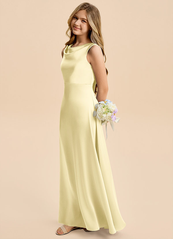 Azazie Kiki Junior Robe Trapèze en Satin extensible Arc Sorbet Citron image1