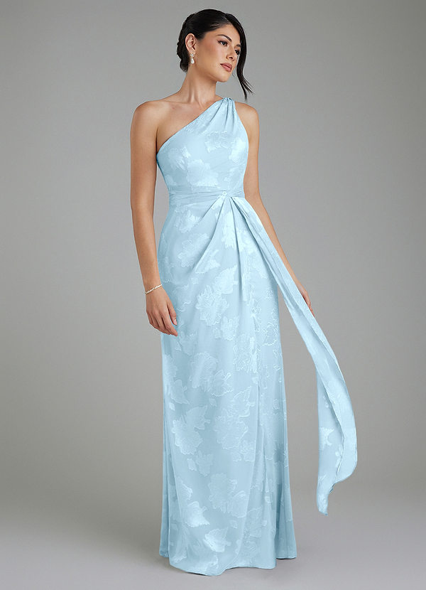Azazie Apryl Bridesmaid Dresses Sky Blue A-Line One Shoulder Floral Jacquard Burnout Dress image1
