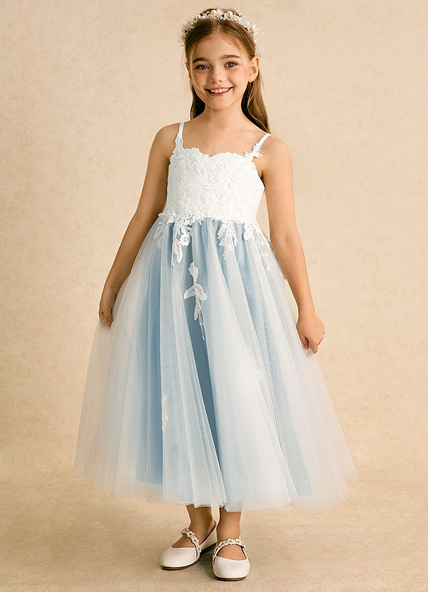 Azazie Coraline Flower Girl Dresses Ivory Sky Blue A-Line Lace Dress image1