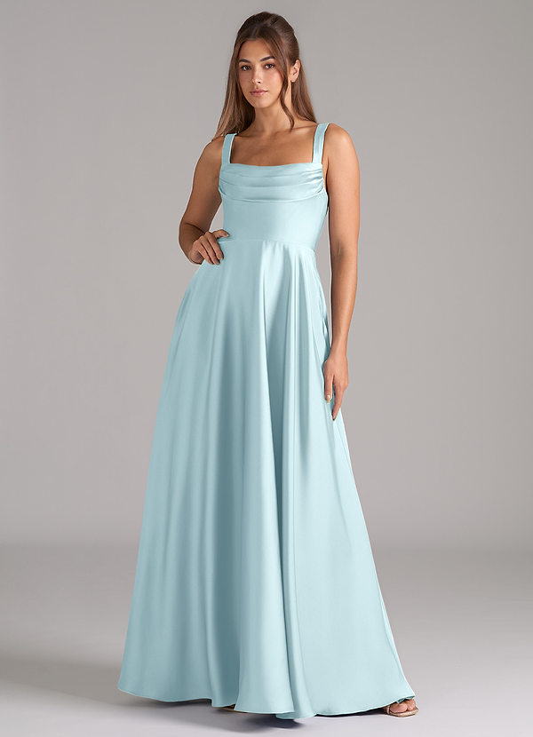 Azazie Shaude Robes Demoiselle d'honneur Robe Trapèze en Satin extensible Plissée Bleu Nuage image1