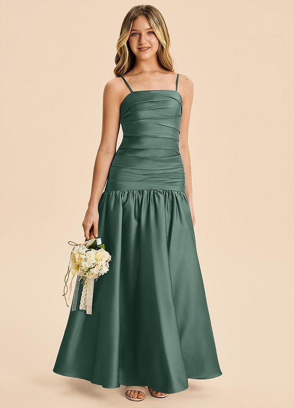 Azazie Romi Junior Eucalyptus A-Line Pleated Stretch Satin Dress image1