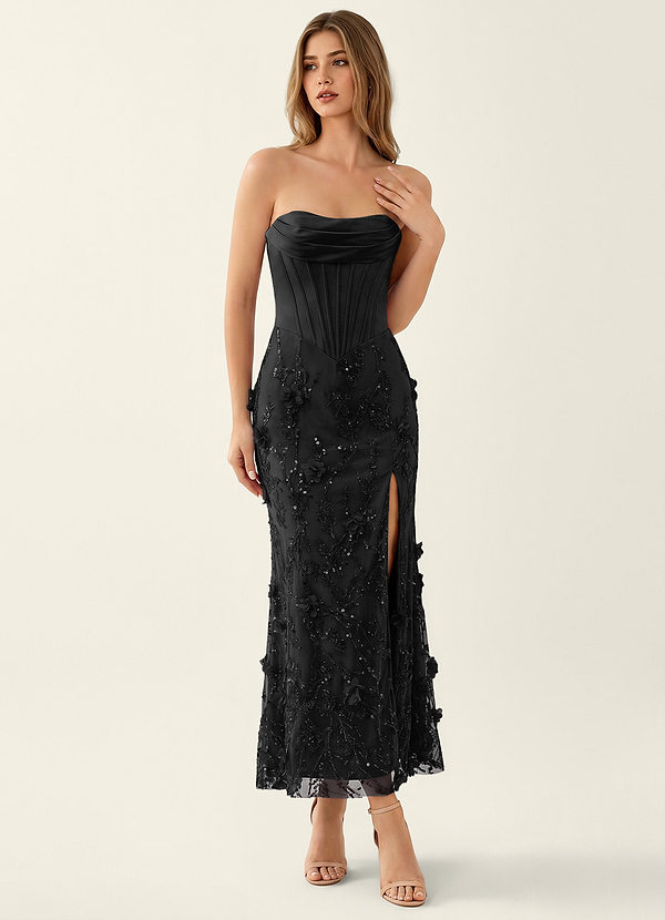 Lavinia Noir Robe longue corsetée à fleurs 3D et perles image1