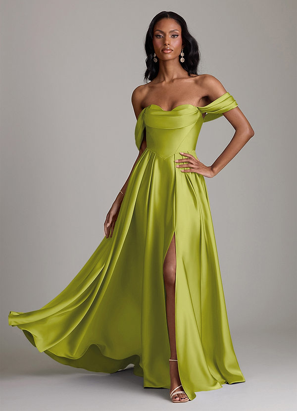 Azazie Loisa Abiti da Damigella Abito A-Line in Raso Elasticizzato a Spalla Scoperta Citronella image1