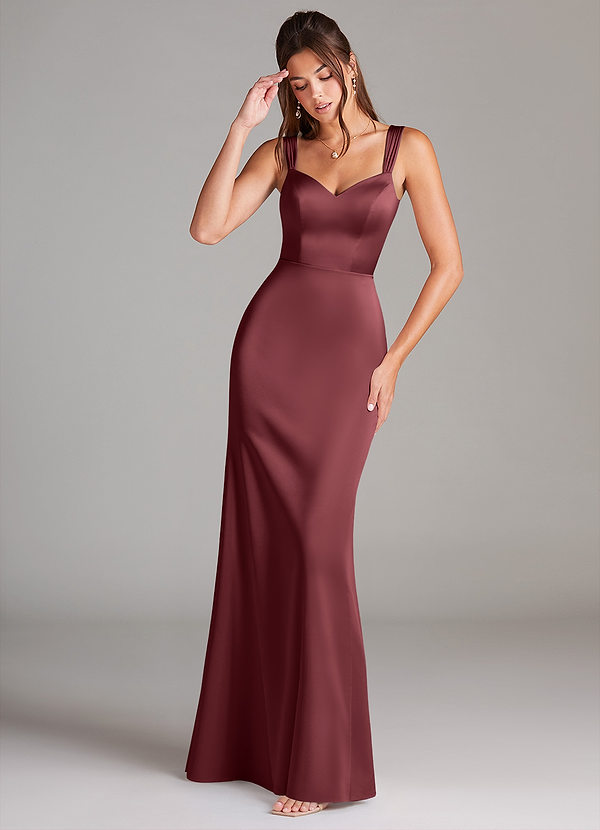 Azazie Denice Bridesmaid Dresses Merlot Sheath Pleated Stretch Satin Dress image1
