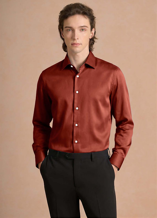 front Julian Terracotta Stretch Satin Dress Shirt