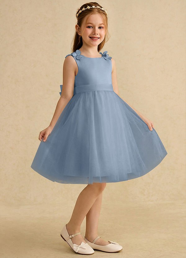 Azazie Lona Abiti da Ragazza di Fiori Abito A-Line in Raso Opaco Fiocco Blu Polveroso Blu Polveroso image1