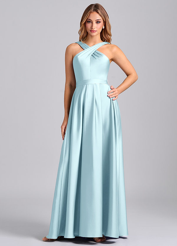 Azazie Dixie Bridesmaid Dresses Cloud Blue A-Line Pleated Stretch Satin Dress image1