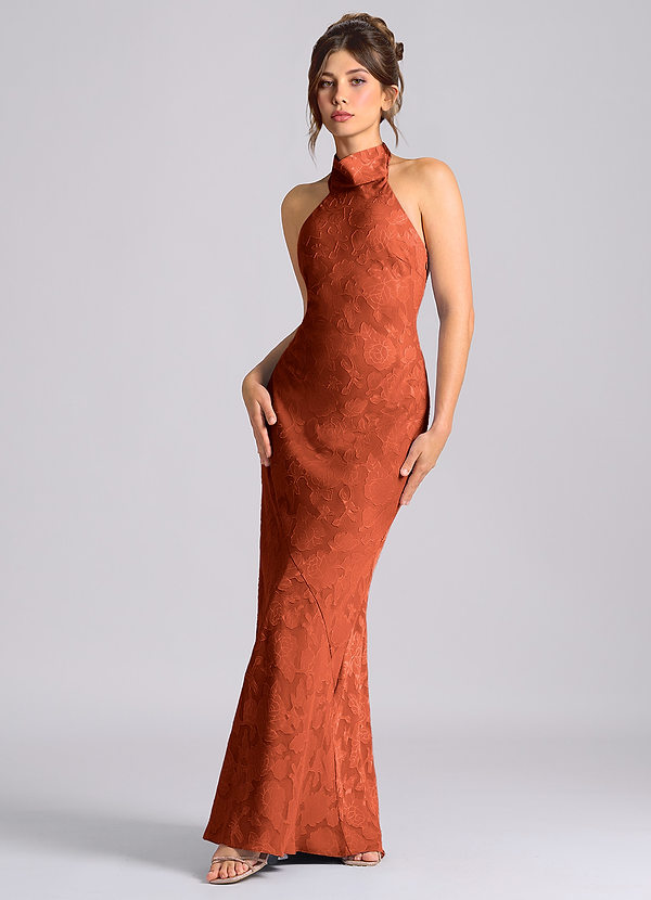 Azazie Velli Vestidos Dama de Honor Vestido de Castaño de Devorado Floral de Corte Sirena con Cuello Alto image1
