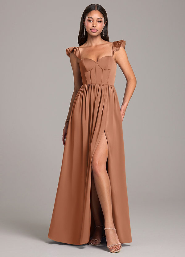 Azazie Denisse Abiti da Damigella Abito A-Line in Raso Elasticizzato Increspato Bronzo image1