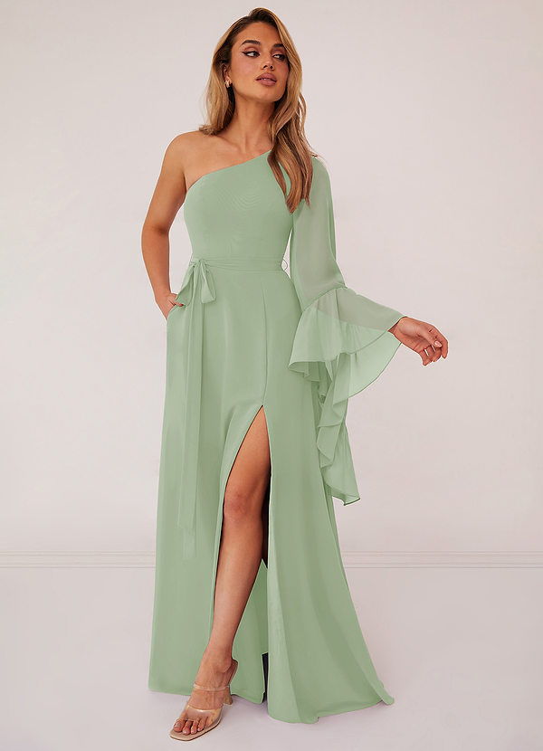 Elegant A-line Chiffon Dress with Cape Dusty Sage