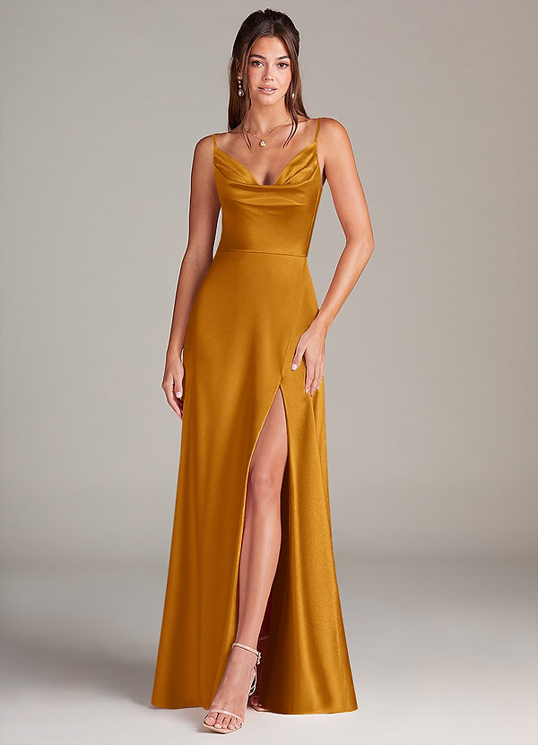 Azazie Sarella Vestidos Dama de Honor Vestido de Caramelo de Satén Elástico de Corte en A con Plisado image1