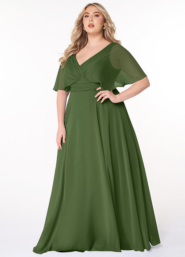Azazie Pamela Bridesmaid Dresses Olive A-Line V-Neck Pleated Chiffon Dress image1