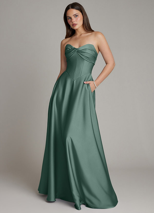 Azazie Meleena Bridesmaid Dresses Eucalyptus A-Line Strapless Stretch Satin Dress image1