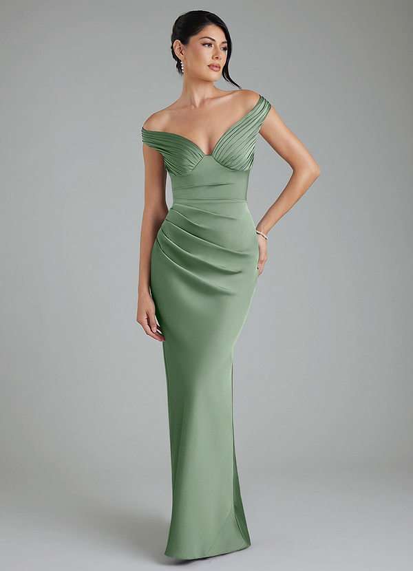 Azazie Stella Vestidos de dama de honor Vestido Matcha de Satén Elástico de Corte Recto Convertible con Corsé image1