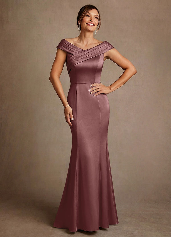 Azazie Aberdeen Mother of the Brides Dresses Vintage Mauve Sheath Pleated Stretch Satin Dress image1