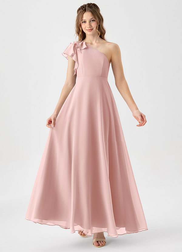 Azazie Arabella Junior Powder Pink A-Line Ruched Chiffon Dress image1