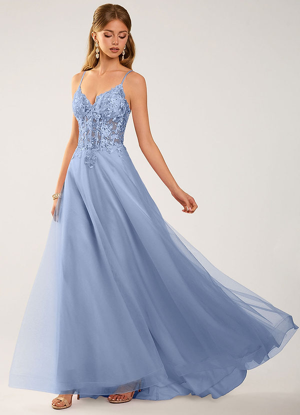 Calliem Stahlblau Perlenbesetztes Spitzen-Tüll-Abendkleid image1