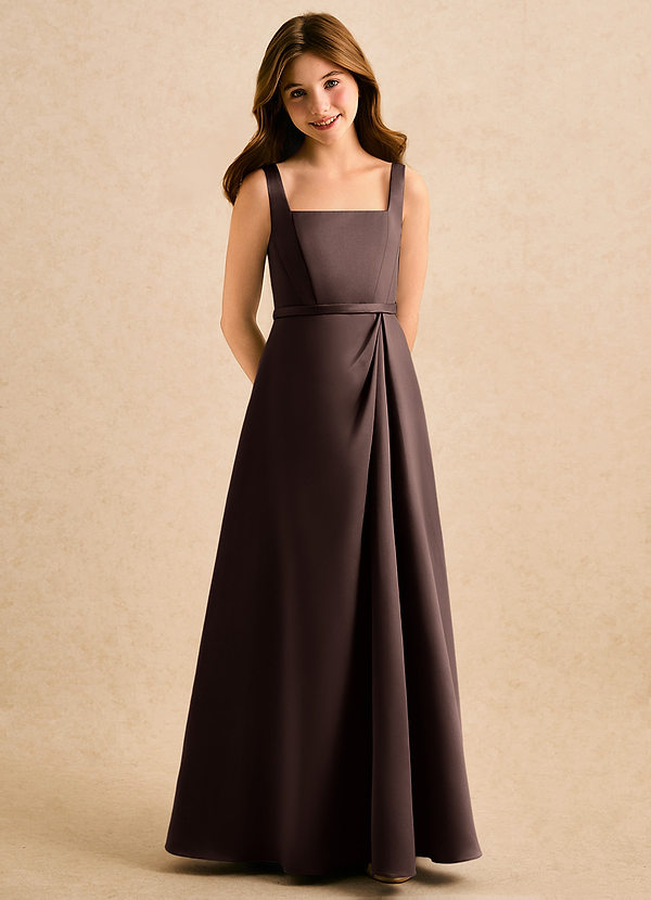 Azazie Emiko Girls Formal Robes de Fillette d'Honneur Robe Trapèze en Mat Satiné Plissée Ganache image1