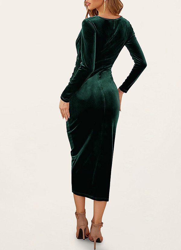 back Going For Glamour Dark Emerald Velvet Long Sleeve Midi Dress