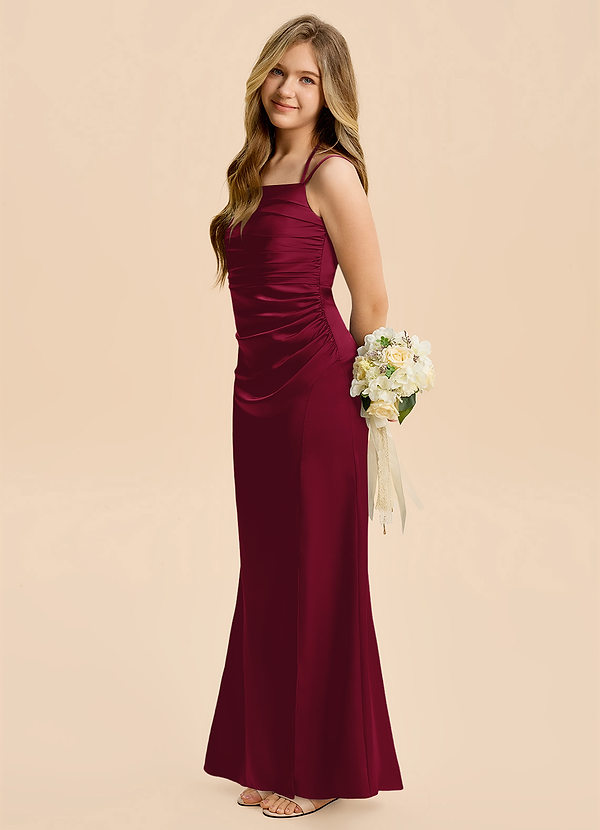 Azazie Nova Junior Burgundy Sheath Pleated Stretch Satin Dress image1