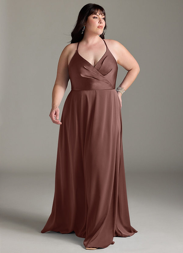 Azazie Davis Robes Demoiselle d'honneur Robe Trapèze en Satin extensible Plissée Expresso image1