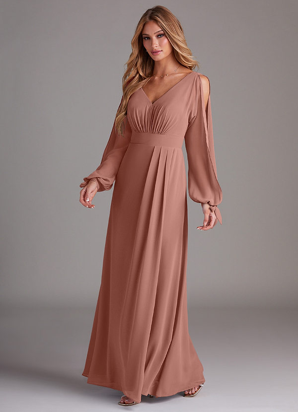 Azazie Matilda Bridesmaid Dresses Cedar Rose A-Line Long Sleeve Chiffon Dress image1
