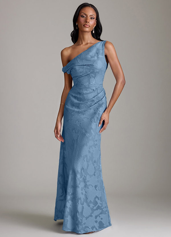 Azazie Emerson Bridesmaid Dresses Vestido Aço Azul de Esgotamento Floral de sereia com Fora do ombro image1