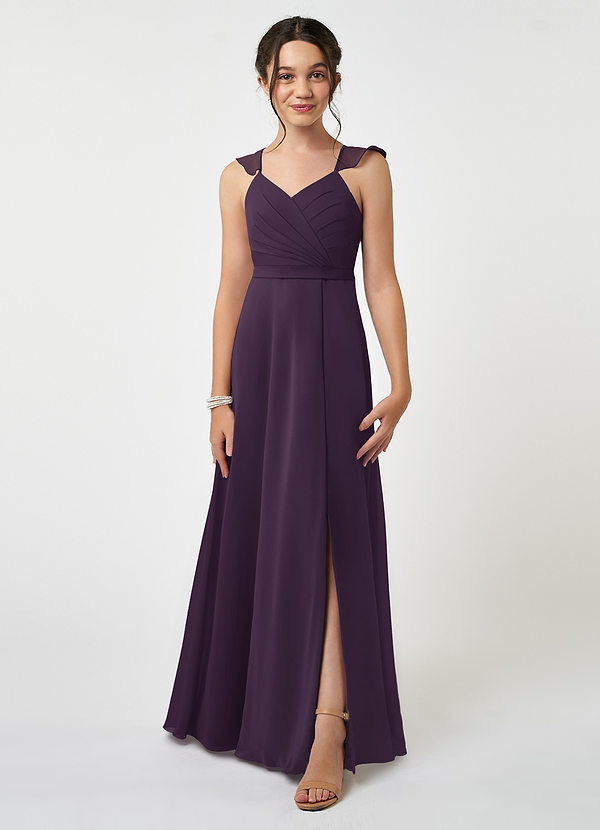 Azazie Emily Junior A-Linie Gestreift Chiffon Kleid Pflaume image1