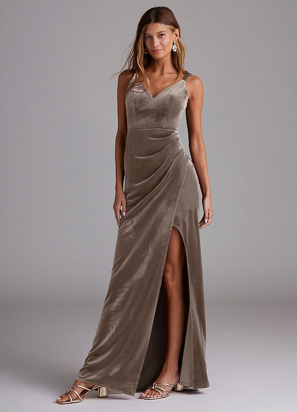 Azazie Leo Robes Demoiselle d'honneur Robe Fourreau en velours Plissée Taupe Argenté image1