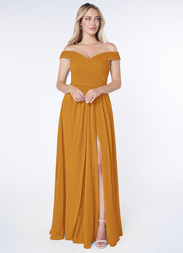 Azazie Audrianna Robes Demoiselle d'honneur Robe Trapèze Convertible en Mousseline de soie Schulterfrei gerafft Caramel écossais image1