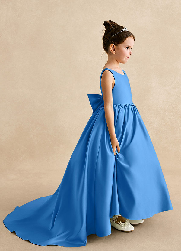 Azazie Mimia Robes de Fillette d'Honneur Robe Trapèze en Mat Satiné Arc Geai Bleu image1
