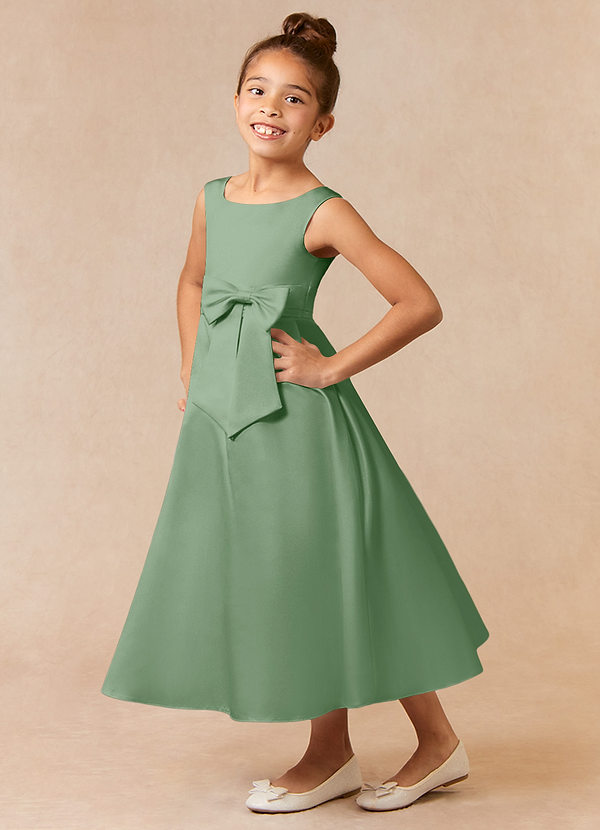 Azazie Lindy Flower Girl Dresses Matcha A-Line Pleated Matte Satin Dress image1