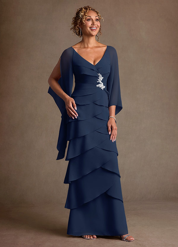 Azazie Arabinda Vestidos de Madre de la Novia Vestido de Azul Marino Oscuro de Gasa de Corte Recto con Volante image1