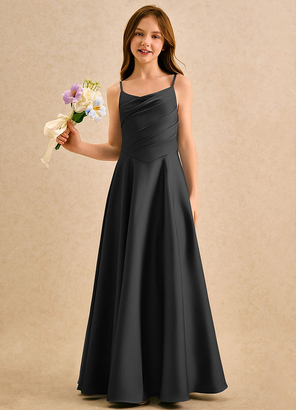 Azazie Coconut Girls Formal Blumenkinder Kleider A-Linie Plissee Stretch-Satin Kleid Schwarz image1