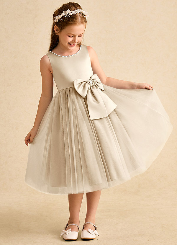Azazie Twinsie Flower Girl Dresses Champagne A-Line Bow Tulle Dress image1
