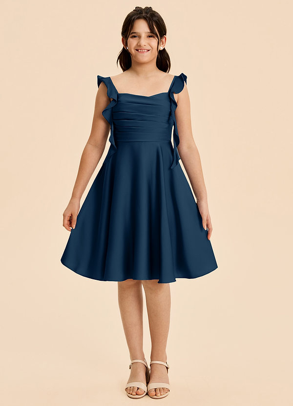 Azazie Kira Junior Vestido de Azul Marino Oscuro de Satén Elástico de Corte en A con Volante image1