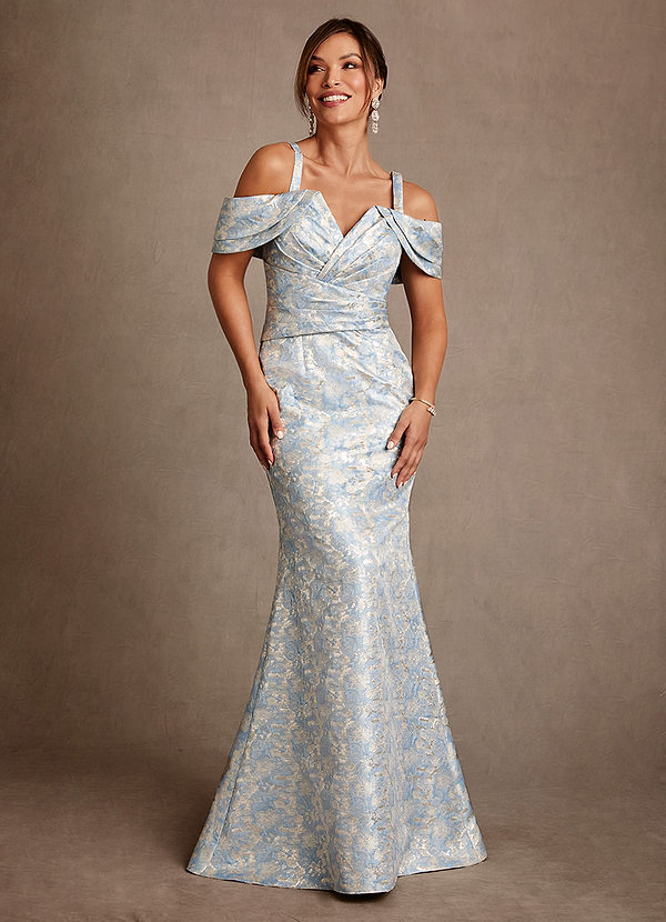 Azazie Bakersfield Dusty Blue Mermaid Off the Shoulder Floral Jacquard Dress  Ready to Ship | Azazie UK