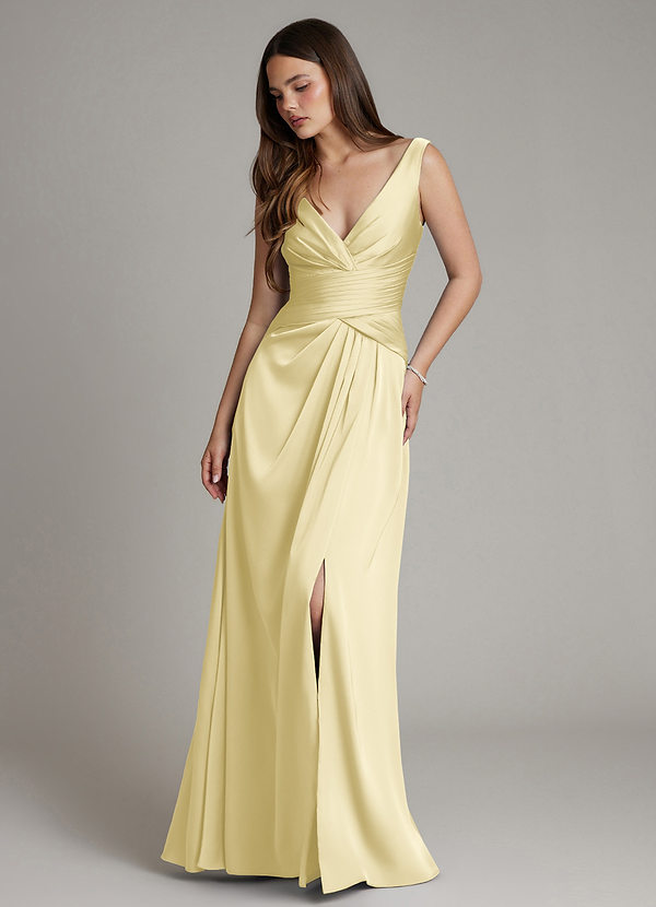 Azazie Pauline Bridesmaid Dresses Lemon Sorbet A-Line Pleated Stretch Satin Dress image1