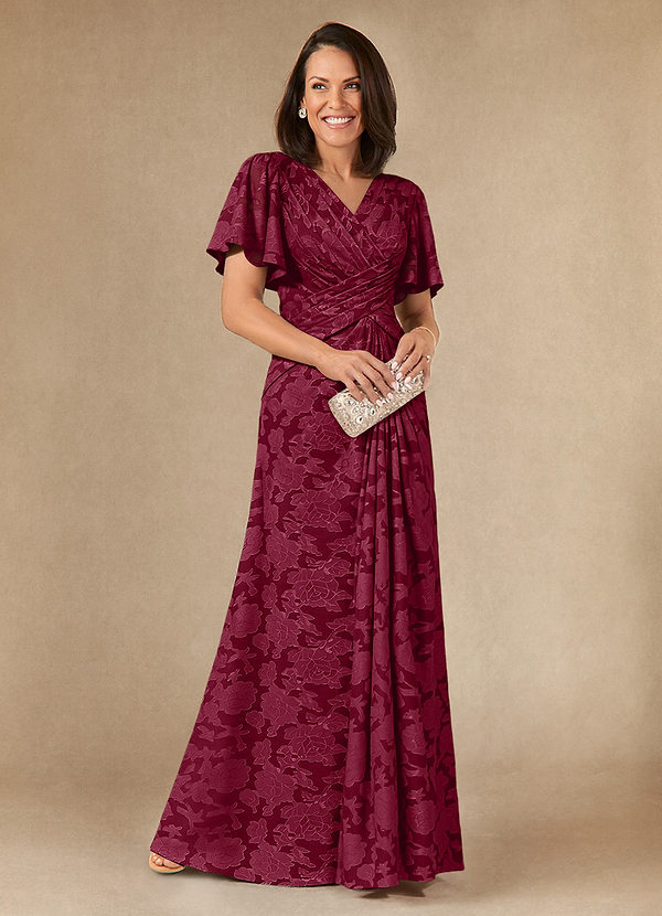 Azazie Emmeline Mother of the Brides Dresses Burgundy A-Line Pleated Floral Burnout Dress image1