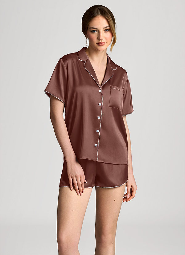 front Espresso Satin Lurex Trim Short Sleeve Pajama Set