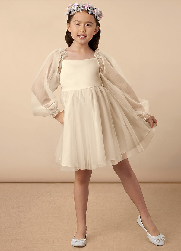 Azazie Aya Flower Girl Dresses Champagne A-Line with Sleeves Tulle Dress image1
