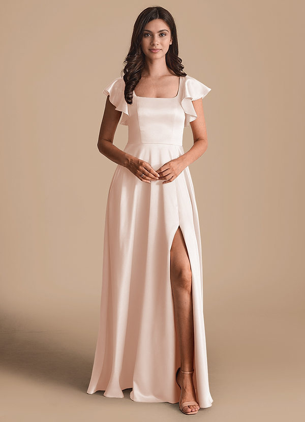 Azazie Bondi Bridesmaid Dresses Rose Gold A-Line Bow Metallic Satin Dress image1