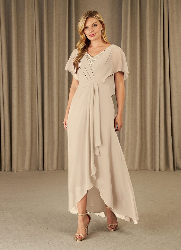 Azazie Eliza Mother of the Bride Dresses Champagne A-Line V-Neck Pleated Chiffon Dress image1