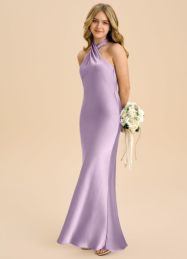 Azazie Chickie Junior Jurk van Stretch Satijn met Kolom Geplooid Frosted Lila image1