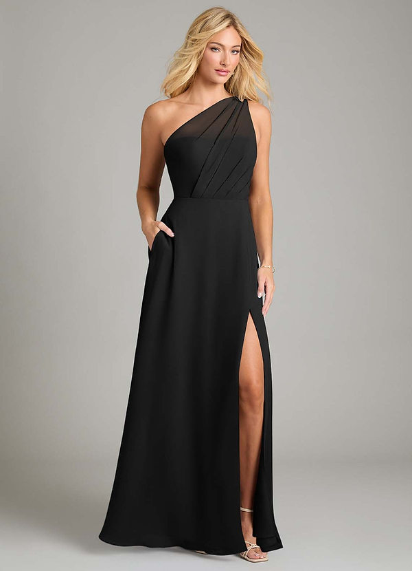 Azazie Phaedra Bridesmaid Dresses Black A-Line One Shoulder Chiffon Dress image1