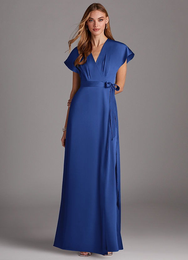 Azazie Nico Bridesmaid Dresses Royal Blue A-Line V-Neck Stretch Satin Dress image1