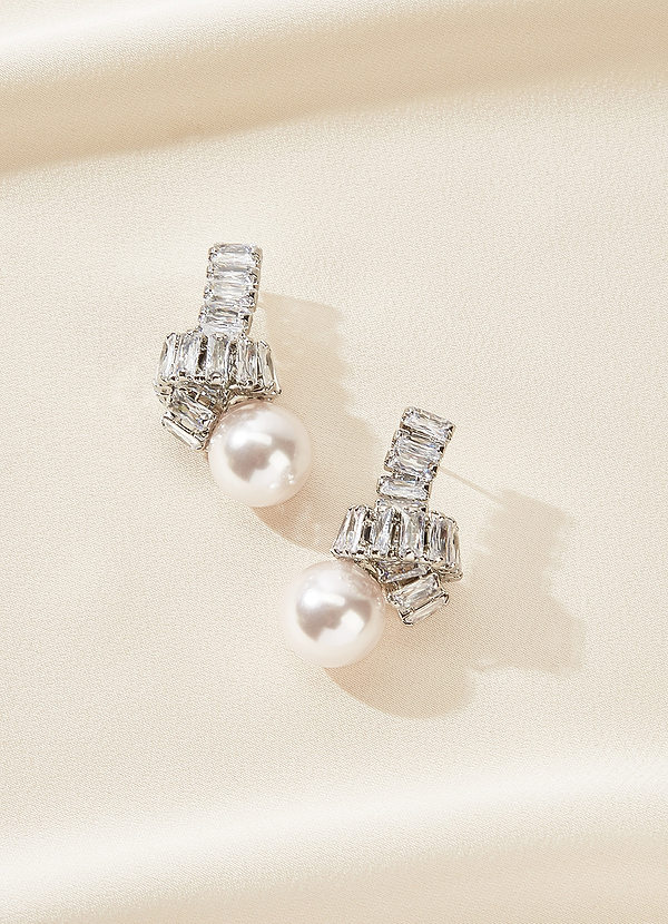 front Baguette Crystal and Pearl Knot Earrings