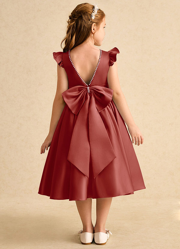 Azazie Dumpling Flower Girl Dresses Terracotta A-Line Bow Matte Satin Dress image1