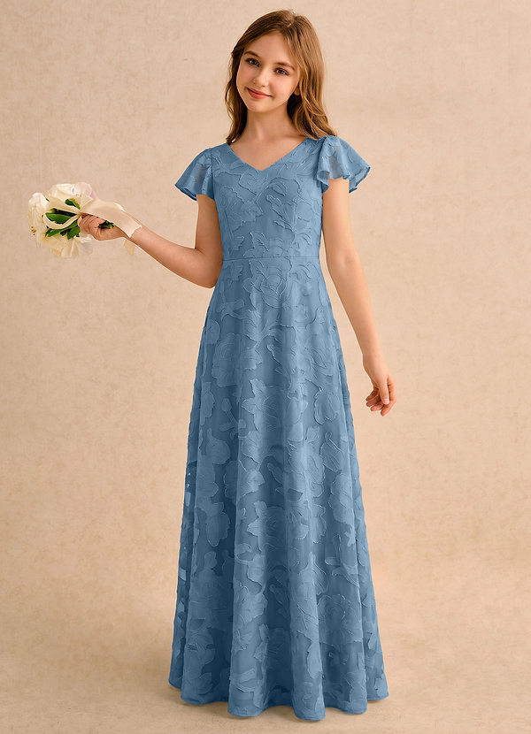 Azazie Narin Girls Formal Sukienki dla Dziewczynki Sypiącej Kwiaty Linia A z Rękawami Kwiatowe wypalenie Długość podłogi Sukienka image1