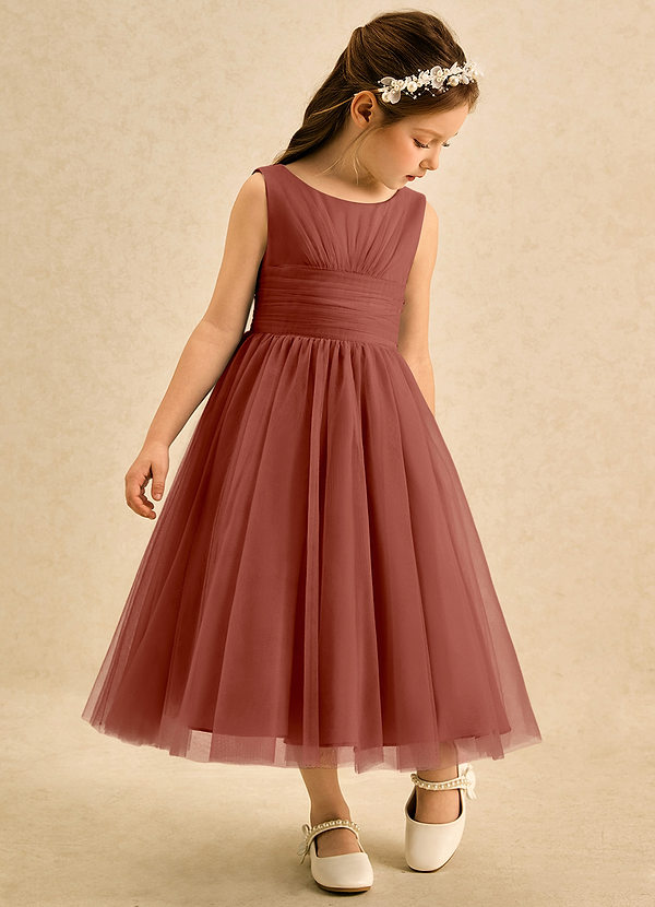 Azazie Macaron Robes de Fillette d'Honneur Robe Trapèze en Tulle Plissée Auburn image1